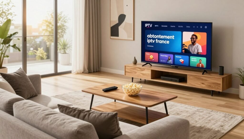 A sleek and modern living room featuring a large flat-screen TV displaying a vibrant IPTV interface, symbolizing "abonnement iptv france". In the foreground, a comfortable sofa with neutral colors and stylish cushions invites relaxation. The middle ground showcases a wooden coffee table with a remote control and a bowl of popcorn, emphasizing a casual viewing experience. In the background, large windows let in soft, warm sunlight, creating an inviting atmosphere. The room is adorned with contemporary decor, such as an abstract painting on the wall. The composition is shot from a slightly elevated angle, providing a comprehensive view to reflect stability, speed, and reliability of IPTV technology. Overall, the mood is cozy and enjoyable, highlighting seamless entertainment without interruption.