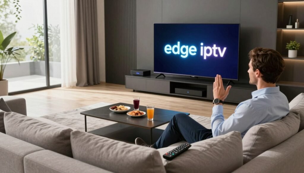 A sleek and modern living room with a large flat-screen TV showcasing the "edge iptv" logo, glowing on the screen. In the foreground, a comfortable sofa adorned with cushions invites relaxation, with a remote control casually resting on the armrest. The middle ground reveals a stylish coffee table with snacks and drinks. On one side, a well-dressed professional man in business attire sits, engaged with the screen, reflecting enthusiasm. Natural light pours in through a large window, creating a warm and inviting atmosphere. The background features tasteful decor with a hint of technology, including a console with entertainment devices. The mood is lively and positive, emphasizing connectivity and entertainment.