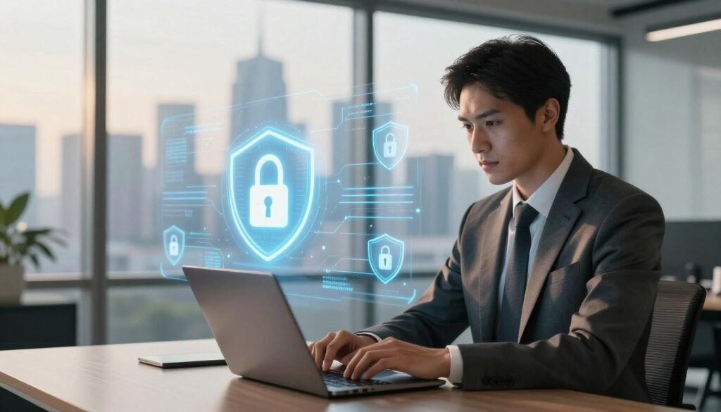 A sleek and modern office environment displaying the concept of "Data Security and Personal Data Protection." In the foreground, a business professional, dressed in a smart suit, is intently working on a laptop, with a look of concentration. The middle ground features a digital interface, illustrating secure data encryption with glowing padlocks and shield icons around data streams. The background showcases a city skyline visible through large glass windows, under warm, natural lighting that creates an inviting atmosphere. The overall tone is one of professionalism and vigilance. Include subtle branding elements of "abonnement iptv" within the digital interface. The image should convey safety, responsibility, and the importance of protecting personal data.