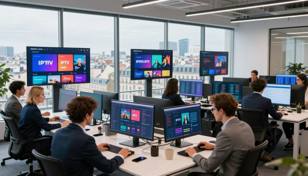 A sleek and modern office environment showcasing AGENCE IPTV in a vibrant atmosphere. In the foreground, a diverse group of professionals in business attire collaborate over digital devices, analyzing data related to IPTV services. The middle ground features large, high-definition screens displaying various IPTV channels, with colorful graphics illustrating content distribution. The background includes floor-to-ceiling windows revealing a panoramic view of a bustling French city, symbolizing the future of television content distribution. The lighting is bright and inviting, with soft natural light illuminating the space, creating an optimistic and forward-thinking mood. Use a wide-angle lens to capture the dynamic interaction among the team, emphasizing innovation and teamwork.