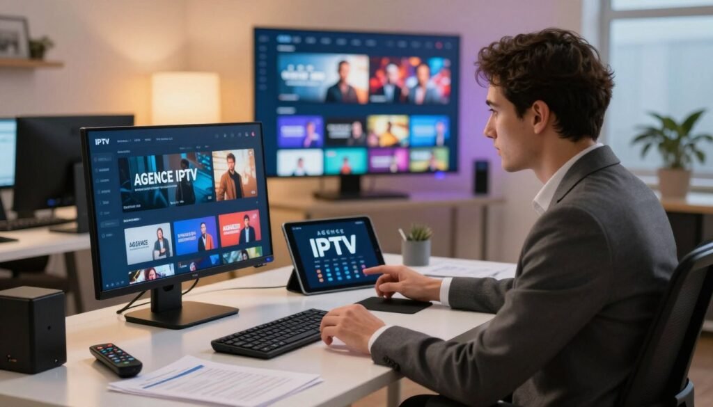 A sleek and modern workspace representing "AGENCE IPTV". In the foreground, a professional-looking agent in business attire interacts with a sophisticated digital interface displaying IPTV options. The middle features a stylish desk cluttered with tech gadgets like tablets and remote controls alongside documents, symbolizing expertise. In the background, a large screen showcases vibrant streaming content, such as movies and television shows, highlighting the diversity of IPTV services. Soft, warm lighting creates an inviting atmosphere, while a slightly angled perspective adds depth, inviting viewers to focus on both the agent and the tech. The overall mood is professional and informative, emphasizing the advantages of subscribing to a specialized IPTV agency.