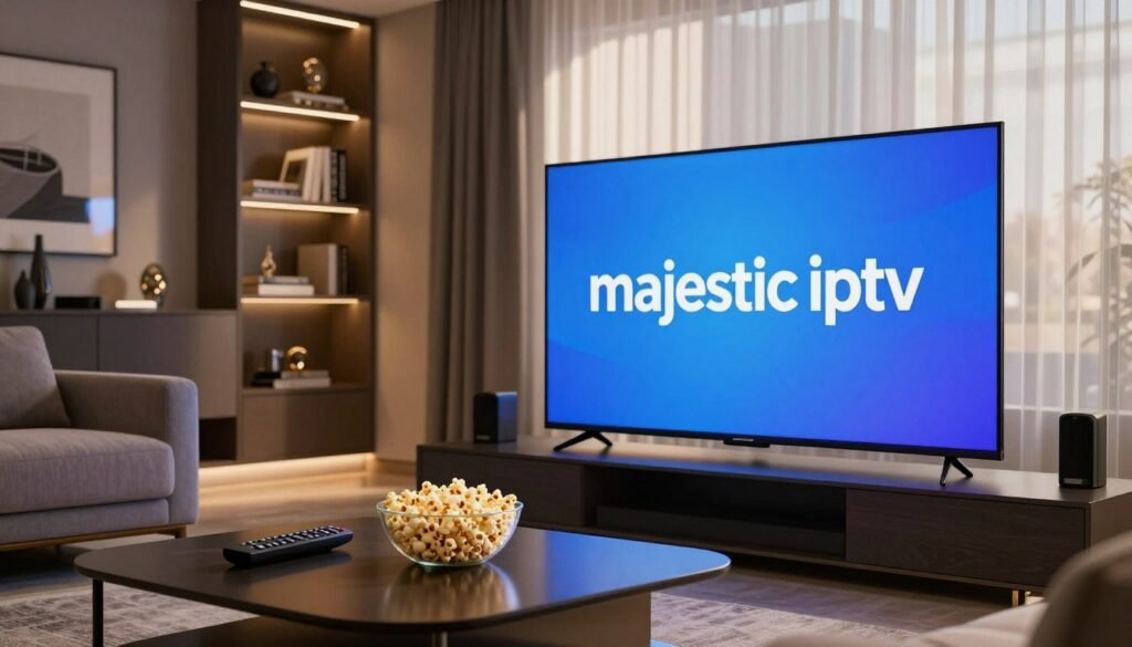 A sleek, modern living room environment featuring a large flat-screen TV displaying the logo "majestic iptv" prominently in the foreground. In the middle ground, a stylish coffee table adorned with a remote control and a bowl of popcorn, suggesting a cozy viewing experience. The background shows soft, ambient lighting with elegant bookcases and framed artwork, creating a sophisticated atmosphere. Sunlight filters through sheer curtains, casting gentle shadows that enhance the inviting mood. The room exudes a sense of luxury and comfort, encouraging readers to immerse themselves in the world of high-quality IPTV entertainment. The image captures the essence of modern home life, emphasizing relaxation and enjoyment.