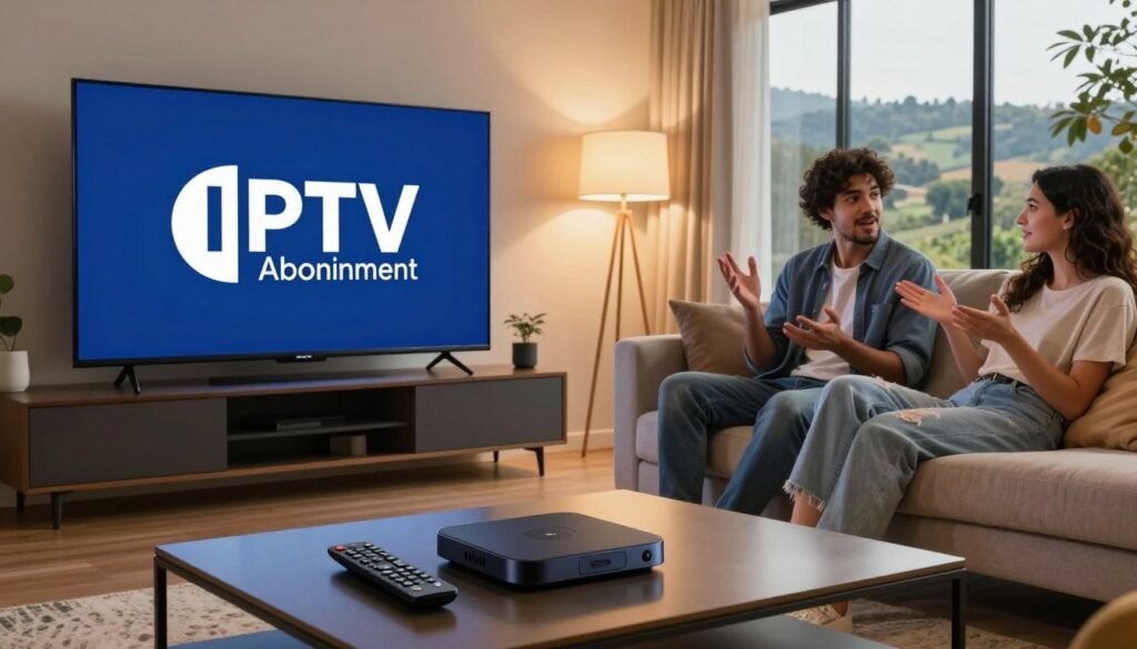 A sleek, modern living room featuring a large flat-screen TV displaying the "IPTV Abonnement" logo prominently, symbolizing cutting-edge streaming technology. In the foreground, a stylish coffee table holds a remote control and a digital streaming device, emphasizing user-friendly features. The middle scene includes a young couple engaged in a lively discussion, relaxed on a comfortable sofa, dressed in smart casual attire. The cozy atmosphere of the room is complemented by warm lighting from a nearby lamp, creating a welcoming mood. In the background, large windows reveal a serene Eswatini landscape, hinting at the unique streaming experience available in the region. Capture the scene from a slightly angled perspective to showcase both the interaction and the entertainment setup.