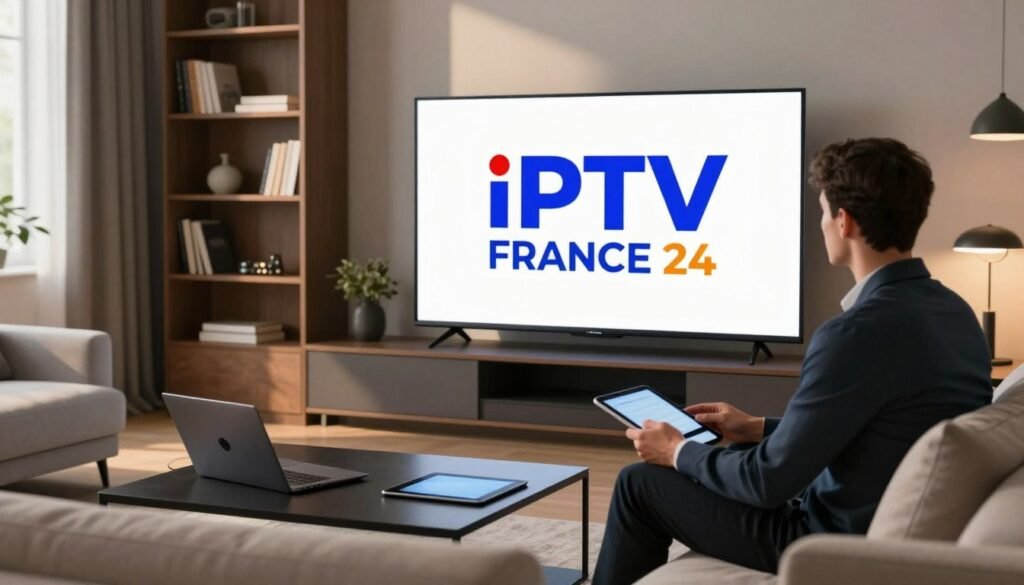 A sleek, modern living room featuring a large flat-screen TV displaying the logo "IPTV FRANCE 24" prominently in vivid colors. In the foreground, a professional individual, dressed in smart casual attire, is seated on a contemporary sofa, intently watching the screen. The middle ground includes a coffee table adorned with a laptop and a tablet, symbolizing connectivity and technology. The background showcases a stylish bookshelf filled with books and decor items, accentuated by warm, ambient lighting creating a cozy atmosphere. Soft natural light filters through a window, casting gentle shadows, enhancing the sense of security and comfort associated with data protection. The scene captures a blend of modernity and professionalism, emphasizing the theme of safety in IPTV usage.