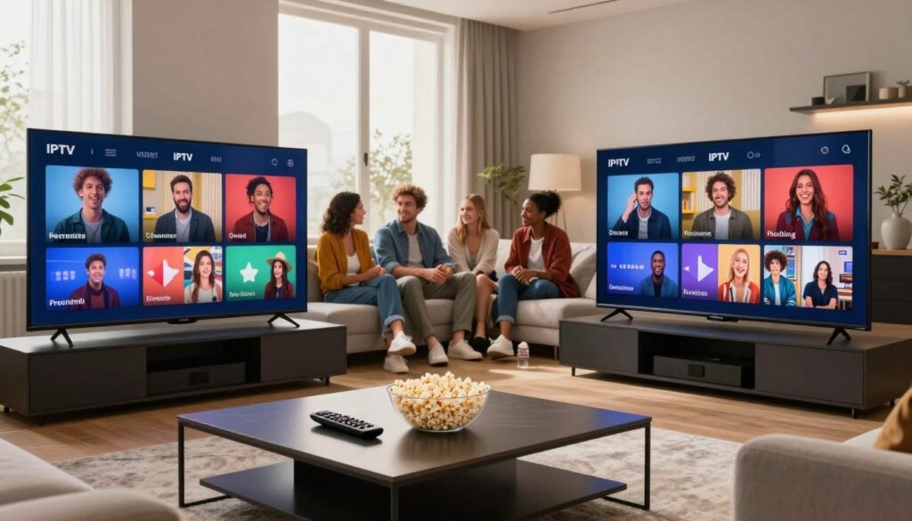 A sleek, modern living room featuring a large flat-screen television displaying colorful IPTV content from French channels. In the foreground, a stylish coffee table holds a remote control and a bowl of popcorn, suggesting a cozy viewing experience. The middle ground showcases a comfortable sofa where a diverse group of friends, dressed in casual yet smart attire, are joyfully interacting while watching television. In the background, large windows allow soft natural light to flood the room, creating a warm and inviting atmosphere. The overall mood is one of relaxation and enjoyment, emphasizing the future of French television through advanced IPTV technology. The scene is captured from a slightly elevated angle, with vibrant colors and a focus on details like the textures of the furniture and the lively expressions of the friends.