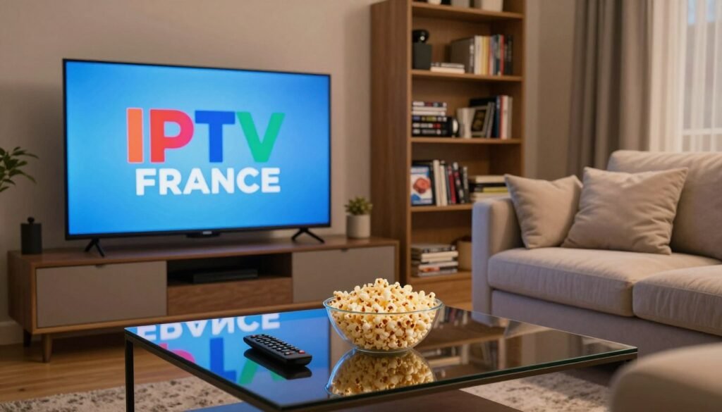 A sleek, modern living room featuring a large, high-definition television displaying the logo "IPTV FRANCE" in vibrant colors. In the foreground, a stylish coffee table with a remote control and a bowl of popcorn, reflecting a cozy entertainment atmosphere. In the middle, a comfortable sofa with plush cushions, inviting for relaxation while watching 4K content. The background showcases a well-decorated bookshelf filled with DVDs and books, enhancing the homely vibe. Soft, warm lighting illuminates the room, creating an inviting mood. The angle captures a slightly elevated viewpoint, providing a comprehensive view of the setup. The scene embodies a sense of modern home entertainment, ideal for exploring optimal streaming experiences in France.