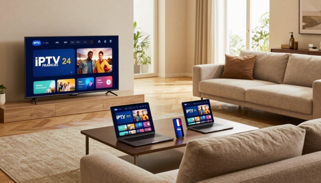A sleek, modern living room scene showcasing multiple devices streaming IPTV France content. In the foreground, place a smart TV displaying the IPTV FRANCE 24 logo, with a stylish, comfortable sofa in a cozy arrangement. In the middle, include a laptop, tablet, and smartphone on a nearby coffee table, each showing different IPTV interfaces and colorful content. The background should feature a well-lit room with large windows allowing natural light to fill the space, enhancing the warm atmosphere. Use a wide-angle perspective to capture the harmonious blend of technology and relaxation. The lighting should be soft and inviting, reflecting a premium, connected lifestyle with a focus on multi-device compatibility for total flexibility.
