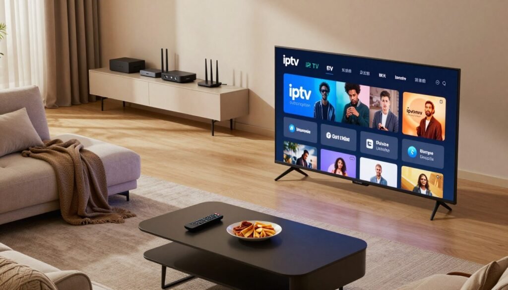 A sleek, modern living room setting, designed for seamless IPTV service experience. In the foreground, a stylish television displaying a vibrant streaming interface labeled "iptv subscription​". The middle section features a comfortable couch with a few plush cushions, a cozy blanket draped over the side, and a stylish coffee table with a remote control and snacks. In the background, a minimalist media console holds various streaming devices and a router, suggesting high-speed internet capability. Soft, ambient lighting creates a warm and inviting atmosphere, highlighting the technology and comfort elements. Capture the scene from a slightly elevated angle, making it feel inviting yet professional—as the ideal setup for enjoying high-quality IPTV streaming.