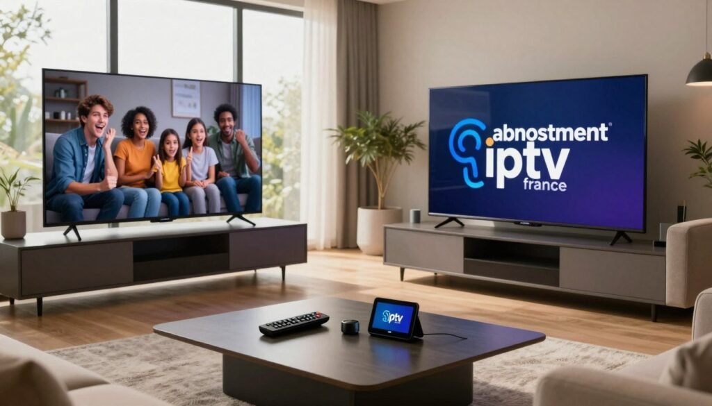 A sleek, modern living room setting, showcasing a high-definition television displaying the logo of "abonnement iptv france". In the foreground, a stylish coffee table with a remote control and smart devices, symbolizing cutting-edge technology. The middle layer features a comfortable sofa with a family enjoying a seamless streaming experience, portrayed in professional, modest clothing, radiating focus and excitement. The background displays large windows with natural light pouring in, creating a warm and inviting atmosphere. The overall mood is vibrant yet serene, suggesting stability and speed in IPTV services for 2027. Use soft lighting to accentuate the room's modern aesthetics, and capture the scene from a slightly elevated angle to provide depth and context.