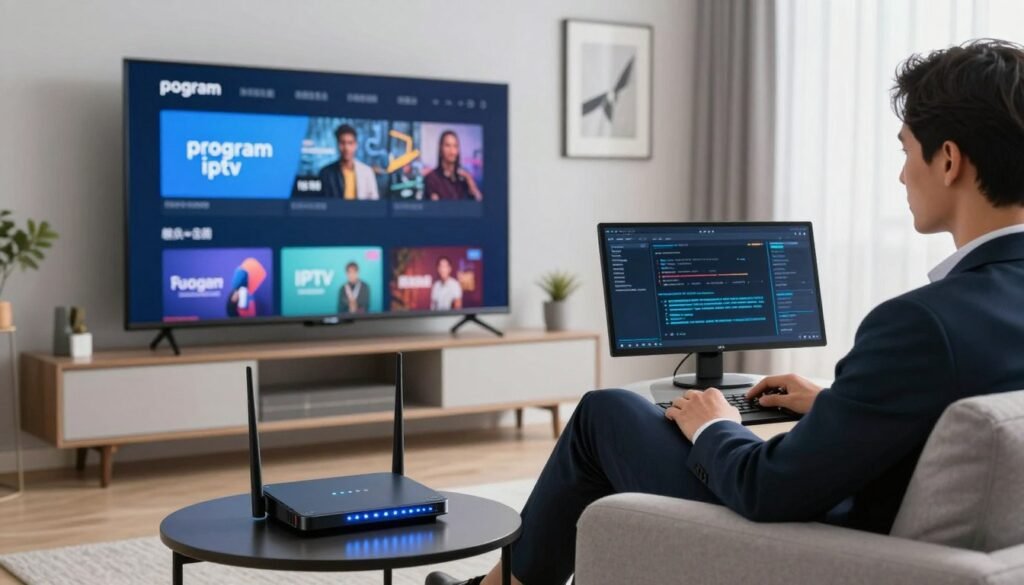 A sleek, modern living room setup featuring a flat-screen television displaying the "program iptv" interface. In the foreground, a professional individual in business attire is seated comfortably on a couch, focused on optimizing their internet connection. On a side table, a high-tech router with blinking lights symbolizes connectivity. In the middle ground, a computer with network monitoring software is visible, providing a sense of advanced technology. The background shows a wall adorned with digital art representing streaming channels and a window with soft natural light illuminating the space. The mood is bright and efficient, evoking a sense of seamless streaming and high-speed connectivity, inviting viewers to envision a smooth IPTV experience.
