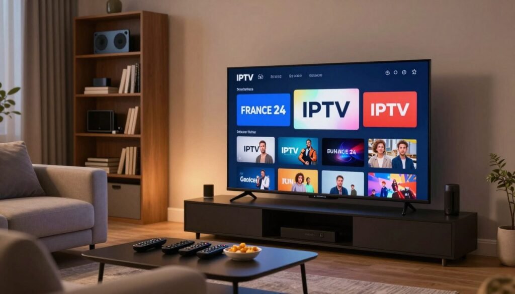 A sleek modern living room with a large smart TV displaying the logo "IPTV FRANCE 24", surrounded by a cozy ambiance. In the foreground, an inviting sofa and a coffee table with a few remote controls and snacks. The room features subtle warm lighting that enhances the welcoming atmosphere. In the middle, the smart TV screen showcases various IPTV services with vibrant channel thumbnails, representing high-quality service. The background offers a blurred view of a stylish bookshelf filled with tech gadgets and books, conveying a sense of reliability and expertise. The overall mood is professional yet comforting, emphasizing a premium IPTV experience.