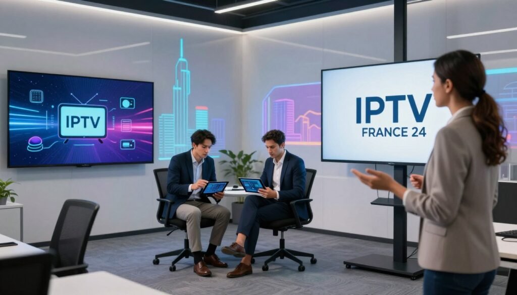 A sleek, modern office environment with a focus on digital streaming technology, showcasing professionals in business attire engaged in collaborative discussions. In the foreground, a well-dressed woman gestures towards a large screen displaying the logo "IPTV FRANCE 24". In the middle, two team members analyze data on tablets, surrounded by abstract visual elements representing streaming media and technology, such as icons of television and streaming devices. The background features futuristic cityscapes and vibrant colors reflecting innovation. Soft, focused lighting brightens the scene, enhancing a cooperative and dynamic atmosphere, while a wide-angle perspective captures the essence of teamwork and professionalism in the IPTV sector.