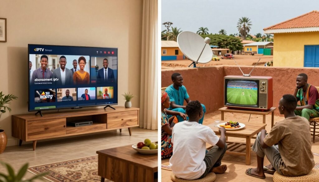 A split-screen image illustrating the comparison between IPTV and traditional reception methods in Senegal. On the left side, depict a modern living room with a sleek TV displaying streaming content, a joyous family in professional attire enjoying shows via "abonnement iptv." Use warm lighting to convey a cozy atmosphere. On the right side, show a traditional setup: an outdoor view with a satellite dish and an old-style television, surrounded by individuals in modest casual clothing watching a sports event. The background should include a vibrant Senegalese landscape to emphasize culture. Overall, aim for a balanced composition showcasing the technological evolution in media consumption. Use a slightly aerial angle to capture both scenes effectively.