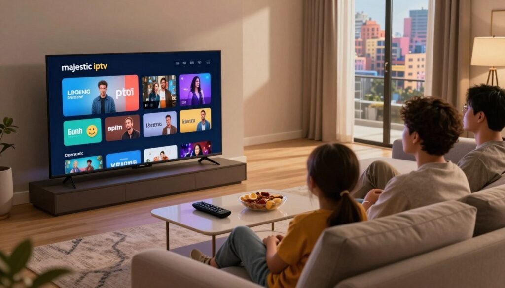 A striking, modern living room scene illustrating the concept of "majestic iptv". In the foreground, a sleek, high-definition television displays colorful streaming channels. On a plush couch, a family in modest casual clothing enjoys a movie together, their faces illuminated by the soft glow of the screen. In the middle ground, a stylish coffee table holds a remote control and snacks, emphasizing a cozy viewing experience. The background showcases a large window with natural light streaming in, highlighting a vibrant cityscape outside. The overall atmosphere is warm and inviting, emphasizing the comfort and versatility of multi-device compatibility. Soft ambient lighting creates an intimate mood, while a camera angle from slightly above captures the entire scene harmoniously.