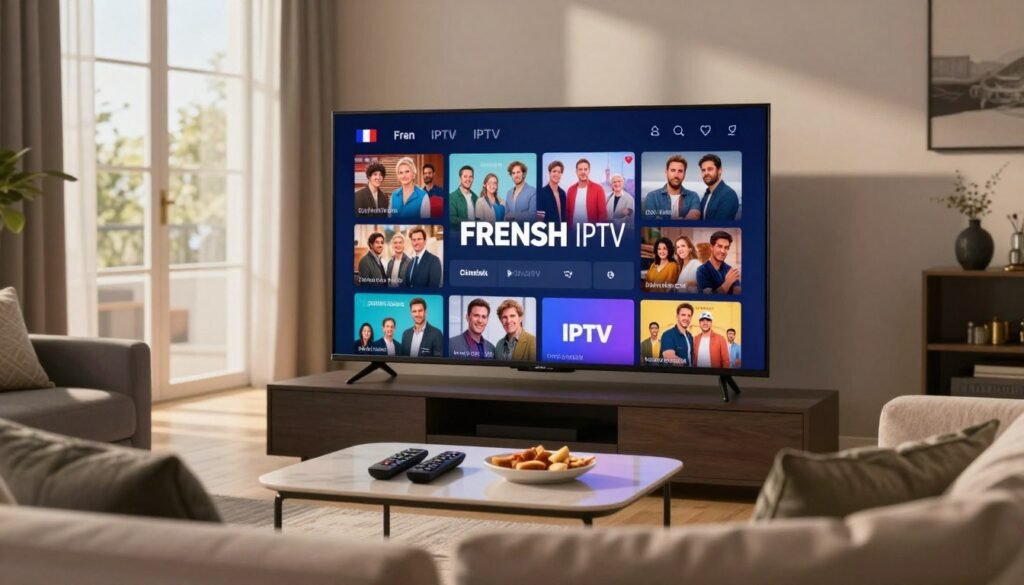 A stylish living room showcasing a large flat-screen TV displaying various French channels, symbolizing "FRENSH IPTV". The foreground features a cozy sofa adorned with elegant throw pillows, and a sleek coffee table with some remote controls and snacks. In the middle, the TV screen highlights vibrant scenes from popular French shows, with light reflecting off its surface, creating an inviting atmosphere. In the background, large windows let in warm, natural light, enhancing the cozy ambiance with soft shadows. The overall mood is relaxed and enjoyable, evoking the pleasure of watching French television from the comfort of home. Capture the essence of a modern and inviting viewing experience, emphasizing the convenience and reliability of IPTV services in France.