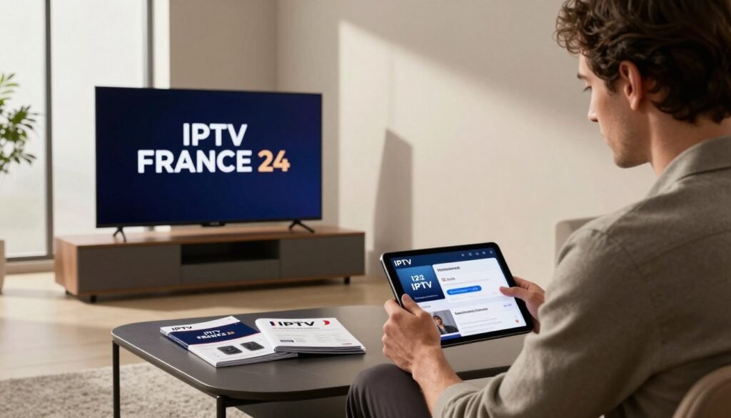 A stylish, modern workspace showcasing a high-end IPTV setup. In the foreground, a sleek television displays the logo "IPTV FRANCE 24" prominently on the screen. A well-dressed individual, dressed in smart casual attire, examines a tablet filled with options for a 12-month IPTV subscription. In the middle ground, a stylish coffee table holds brochures and flyers featuring IPTV packages, set against a minimalist decor background. Soft, natural lighting beams through a large window, creating a warm atmosphere. The perspective captures the person in profile with a slight tilt, emphasizing engagement with the product. A serene ambiance underscores the tech-savvy allure of IPTV entertainment in France, making it appealing and informative for potential subscribers.
