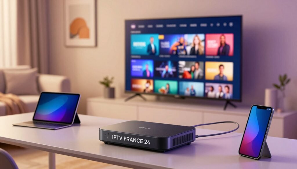 A vibrant and modern digital workspace showcasing the concept of IPTV stability in France. In the foreground, a sleek, high-tech streaming device labeled "IPTV FRANCE 24" sits prominently on a stylish desk, surrounded by smart gadgets like a tablet and a smart TV. The middle ground features a large screen displaying a vibrant, high-definition streaming interface with various channels visible, highlighting elite viewing options. In the background, a contemporary living room with soft, diffused lighting creates a cozy atmosphere, with a plush couch and minimalistic decor. The mood is inviting and professional, evoking a sense of high-quality entertainment in a modern French home. The composition is captured from a slightly elevated angle, emphasizing the device and screen while keeping the background elements harmonious.