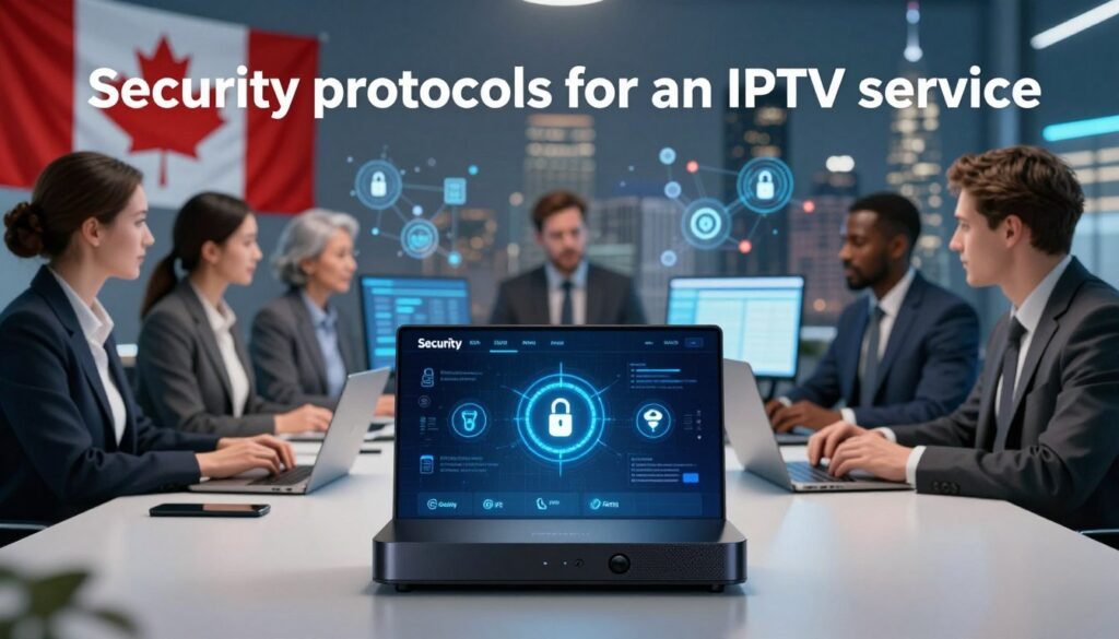 A visually compelling illustration of "Security protocols for an IPTV service," specifically for Canadian users. In the foreground, a sleek, modern IPTV device displaying a secure digital interface, with icons representing encryption and privacy. The middle ground showcases a diverse group of professionals in business attire, discussing security measures around a table filled with digital devices and connected screens. In the background, a city skyline featuring elements like a Canadian flag and digital connectivity icons, symbolizing technology and security in Canada. Soft, ambient lighting creates a focus on the subjects, with a slightly blurred effect on the background, enhancing depth. The overall mood is one of innovation, professionalism, and trust, emphasizing the reliability of iptv edge as a leading IPTV edge provider.