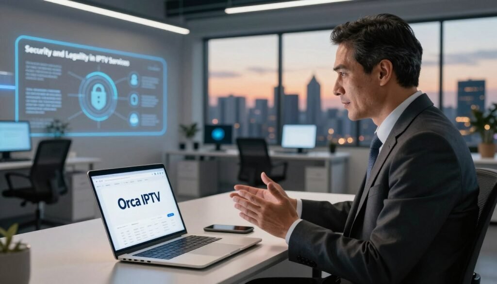 A visually striking representation of "Security and Legality in IPTV Services." The foreground features a well-dressed professional, a middle-aged man in a tailored suit, confidently discussing IPTV trends with a laptop open to an IPTV interface displaying the brand "Orca IPTV." In the middle ground, a sleek, modern office space with advanced technology symbolizes innovation, while an infographic on the wall highlights legal compliance and cybersecurity icons. The background presents a city skyline at dusk, symbolizing connectivity and progress. Soft, warm lighting enhances the professional atmosphere, casting gentle shadows. The camera angle is slightly tilted to create a dynamic composition, evoking a sense of excitement and assurance regarding IPTV services.