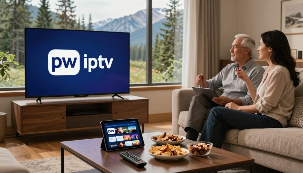 A warm, cozy living room setting featuring a modern television displaying the logo "pw iptv​" prominently on the screen. In the foreground, a stylish coffee table is strewn with remote controls, snacks, and a tablet showing streaming options, symbolizing Canadian IPTV entertainment. The middle ground features a comfortable couch with a couple of adults in professional attire, relaxed and engaged in watching their favorite show, conveying reliability in streaming. The background showcases a large window with a scenic view of a Canadian landscape, hinting at remote server locations amidst tall pine trees and mountains. Soft, natural light filters in, creating a welcoming atmosphere that emphasizes the theme of reliability and server uptime in streaming services.